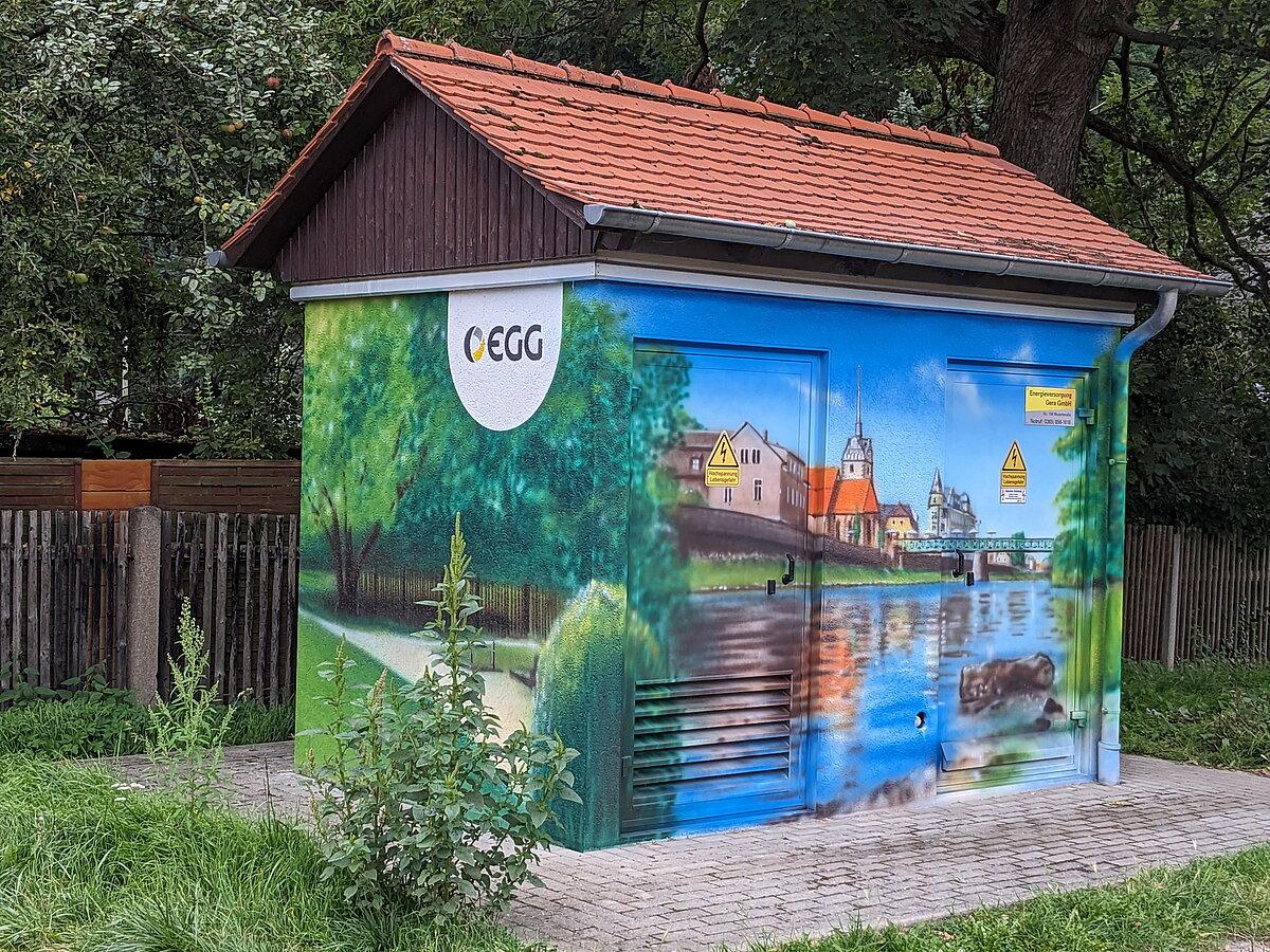 Eine Trafostation der EGG in der Mozartstraße in Gera wurde mit einem Graffity kunstvoll verschönert