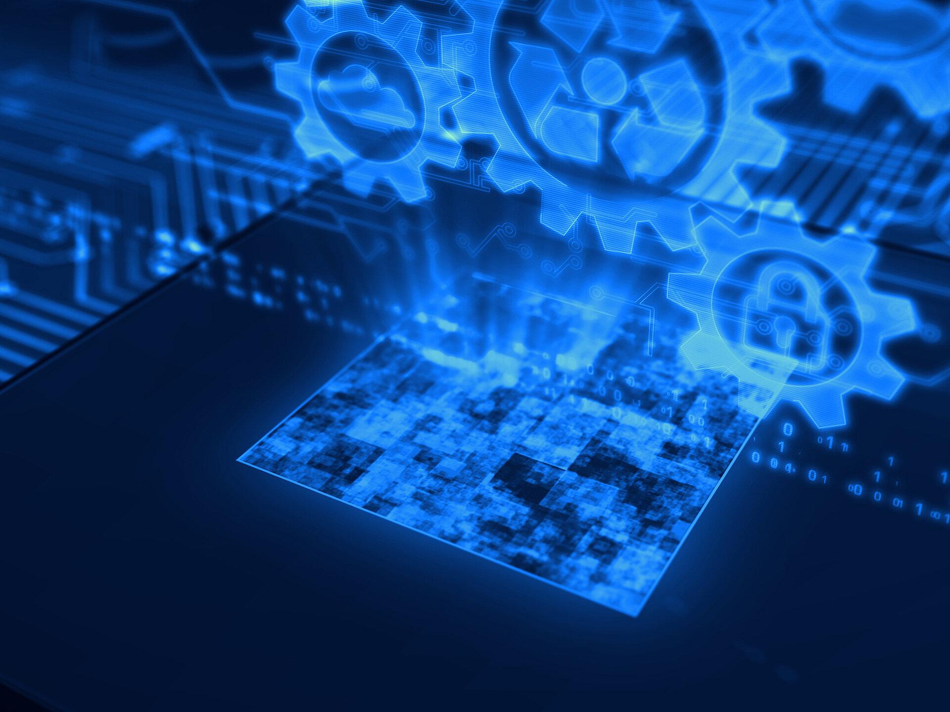 Blaues Symbolbild mit einem leuchtenden Hologramm über funktionierender CPU im Hintergrund